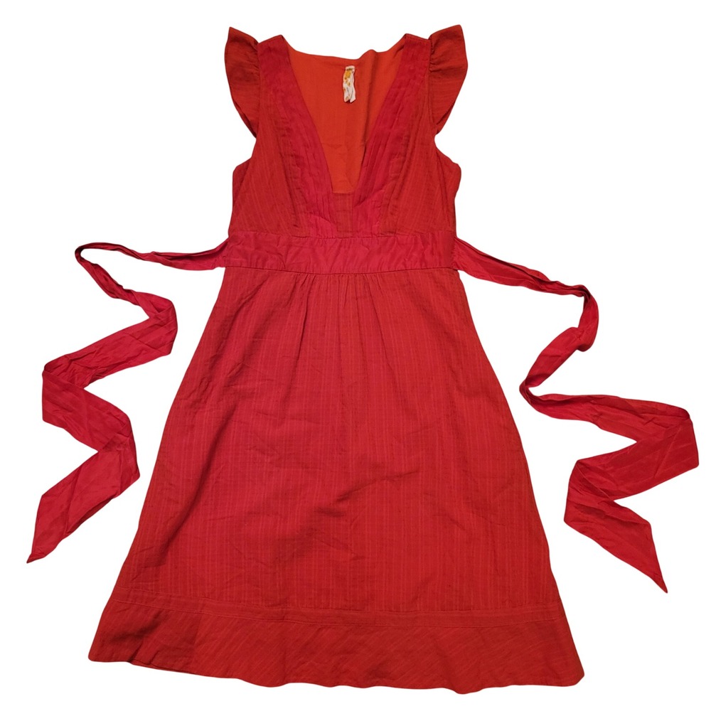 Maeve 0 Fit Flare Pinafore Dress Red Flutter Sleeve V Neck Silk Summer Coquette